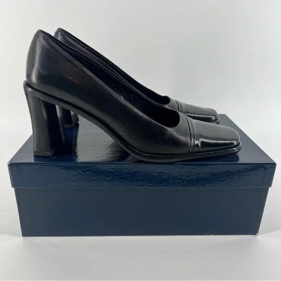 Joan & David Square Toe Block Heel Size 7.5 Black Leather Pumps - Picture 4 of 7